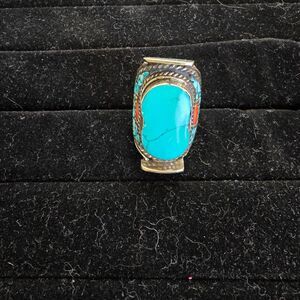 Tibetan Himalayan Sterling Silver Turquoise, and Coral Ring Sz 7